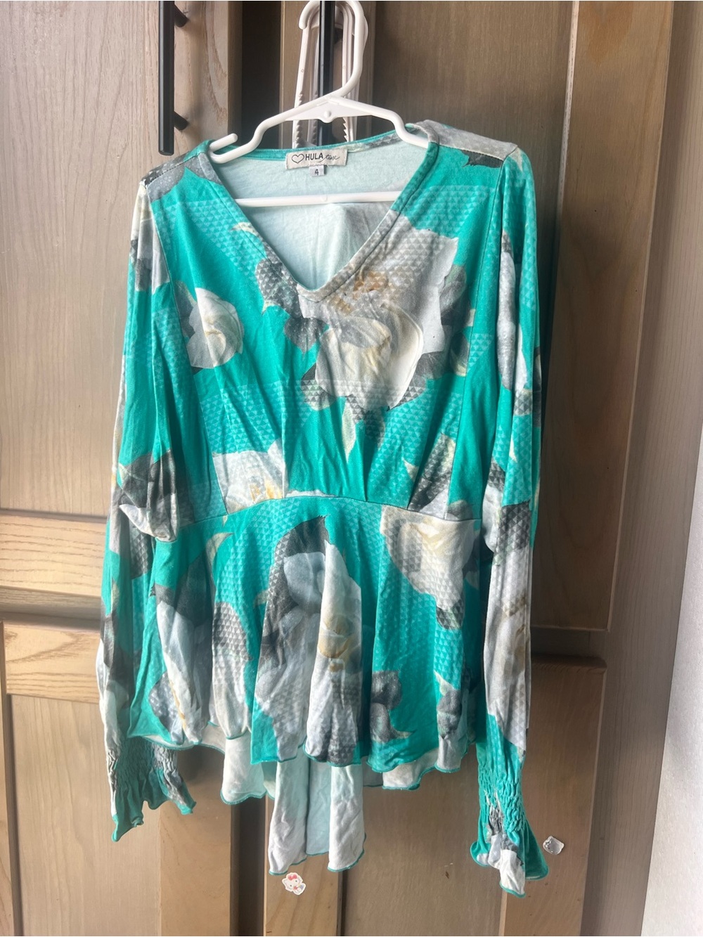 Hula Tease Girls Teal Floral V-Neck Peplum Top Size 4T (runs big)